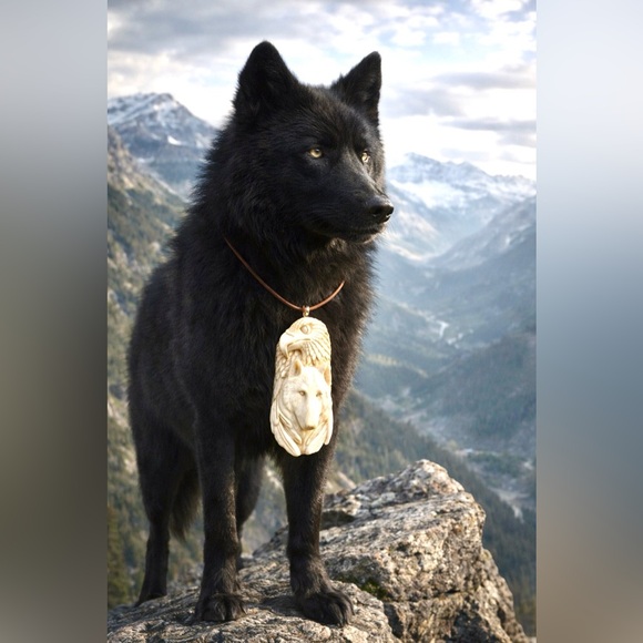 Jewelry - Handcarved from Bone wolf eagle pendant w sm sterling bale large native wildlife
